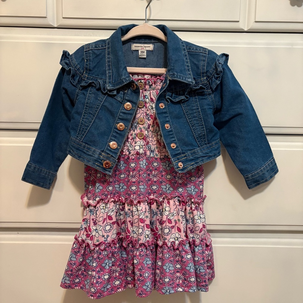 Nanette Lepore Set Blue Jean Denim Jacket with Pink and Purple Floral Dress 18M